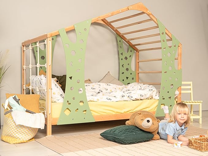 BUSYWOOD Montessori Bed for Toddlers - Kids Twin Bed - Wood Bed Frame - Kids Climbing Gym - Twin Bed Frames for Kids - Monkey Bed with Legs and Slats