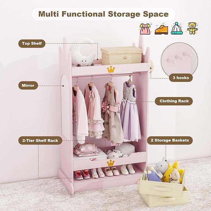 Kids Dress Up Storage with Mirror, Kids Open Hanging Armoire & Costume Storage Dresser, Costumes Wardrobe Closet for Bedroom, Nursery, Preschool, Pink