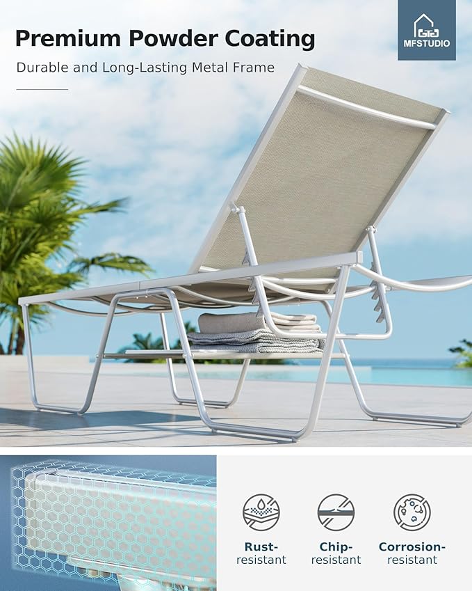 MFSTUDIO Outdoor Chaise Lounge Chair, Recliner Lounger Chair with 5 Adjustable Positions, Patio Tanning Lounger Chair for Poolside, Textilene, Patio Lounge Furniture