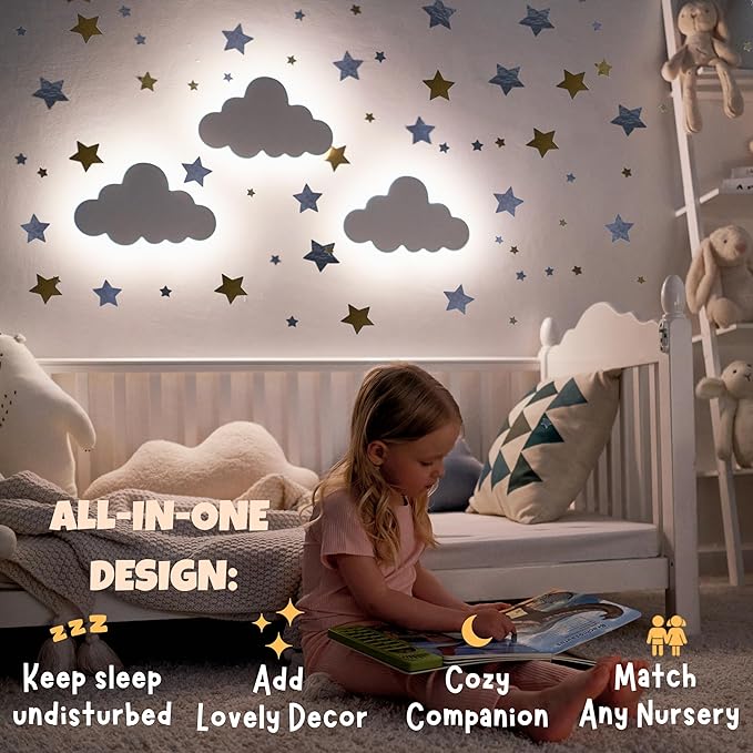 Nursery Night Light – Dimmable Cloud Wall Light for Kids and Baby Room Decor – Rechargeable LED Light with Touch Control for Bedtime Routines (Star Decals Included)