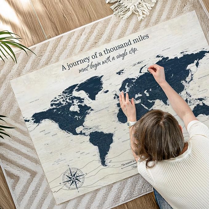 ElephantStock - A Journey I Push Pin World Map Wall Art - Horizontal Canvas Wall Art - Living Room Wall Decor - Digital Art Map Canvas Art - Blue And Beige Decor - 48" x 32"