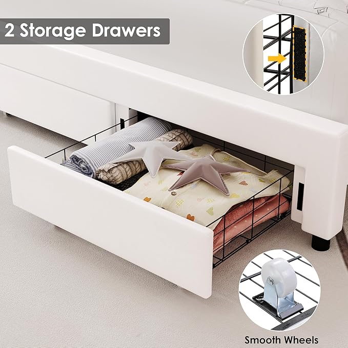 Keyluv Full Upholstered LED Bed Frame with Storage Drawer, Leather Princess Platform Bed with Adjustable Crystal Button Tufted Crown Headboard, Solid Wooden Slats Support, No Box Spring Needed, White