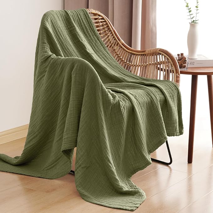 PHF 100% Cotton Muslin Blanket Twin XL Size 66"x90", 4-Layer Lightweight Gauze Throw, Breathable Cloud-Soft Minimalist Blanket for Bed, Couch, Camping & Baby, Olive Green, Ideal Gift