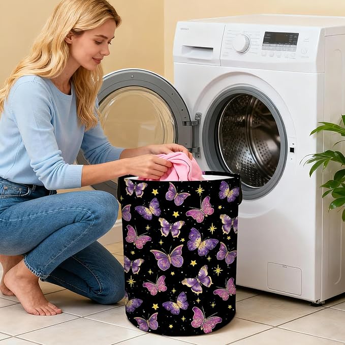 Butterfly Laundry Hamper Girls Boys, Baby Nursery Laundry Basket for Bedroom, Round Collapsible Waterproof Storage Bin with Handles for Toys, Storage Basket for Boy, Butterfly Room Decor, 13.8x17.7in