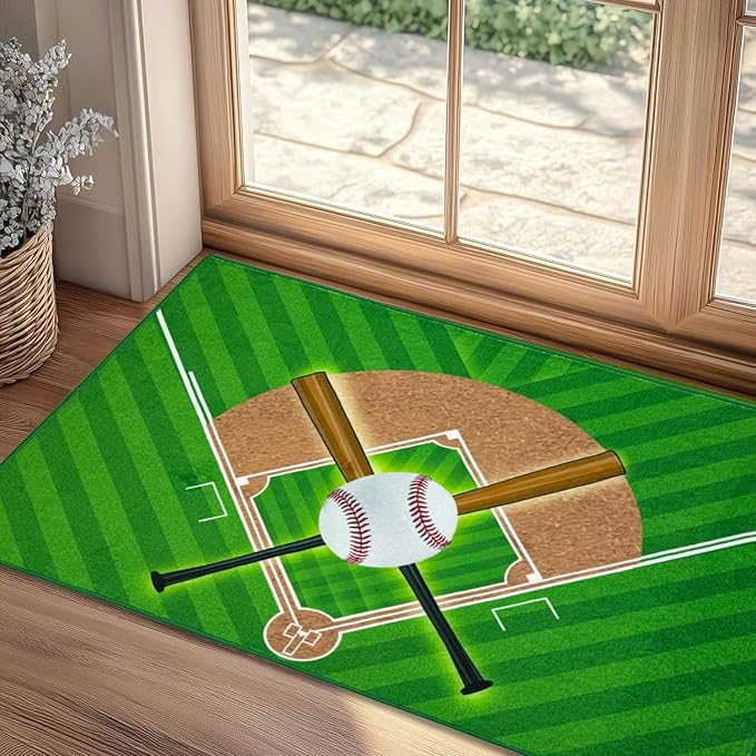 Washable Low Pile Baseball Rug 2x3- Sports Decor for Boys Room, Non-Slip Kids Bedroom Carpet, Durable Baseball Themed Floor Mat