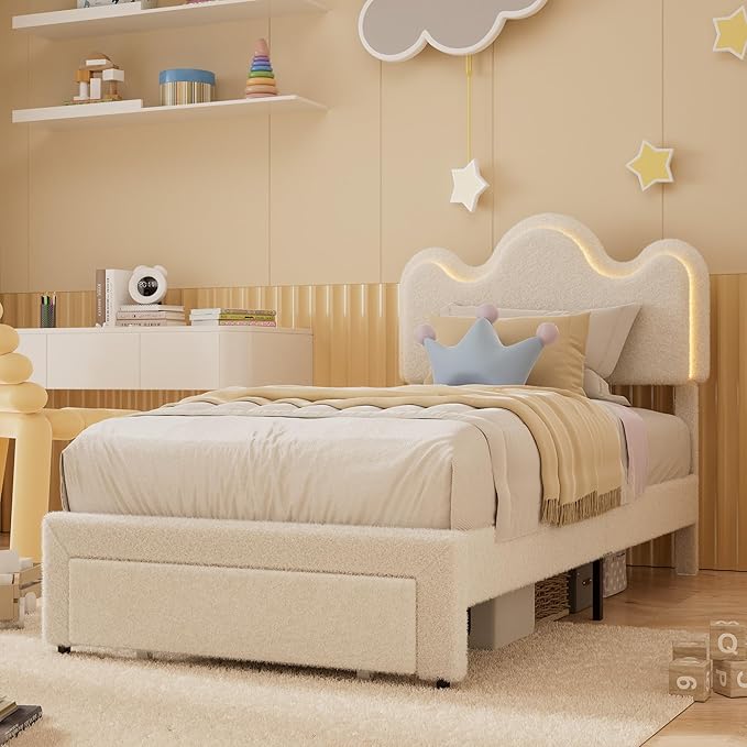 Twin Upholstered LED Bed Frame with Storage Drawers Girls Bed with Flower Headboard Boucle Princess Platform Bed Frame for Kids/Girls Strong Wood Slat Support,No Box Spring Needed,Easy Assembly