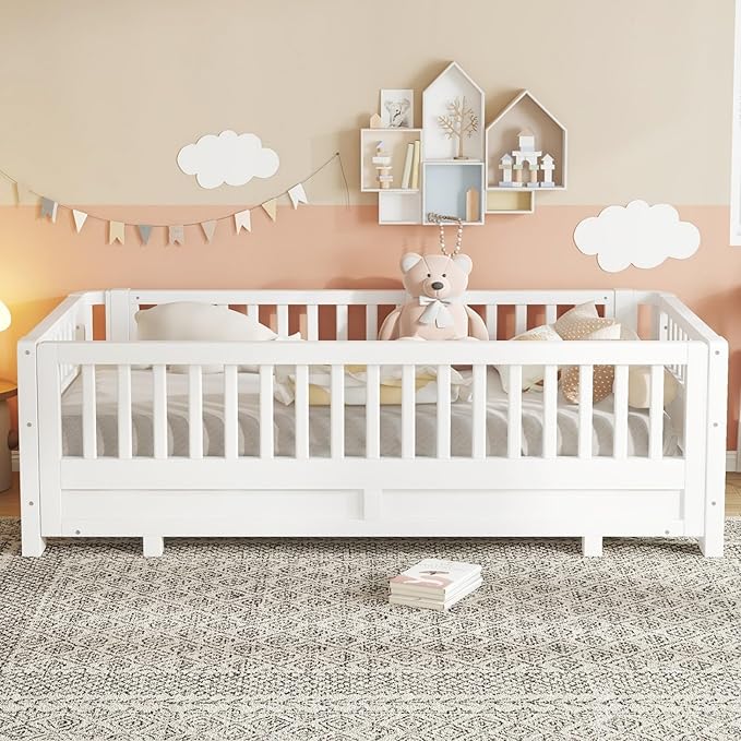 KEIKI Solid Wood Expandable Twin Size Floor Bed for Kids with Guardrails, Can Be Converted into a Double Twin Bed Platform, Montessori Low Profile Bedframe Daybed for Girls Boys, No Box Spring Needed