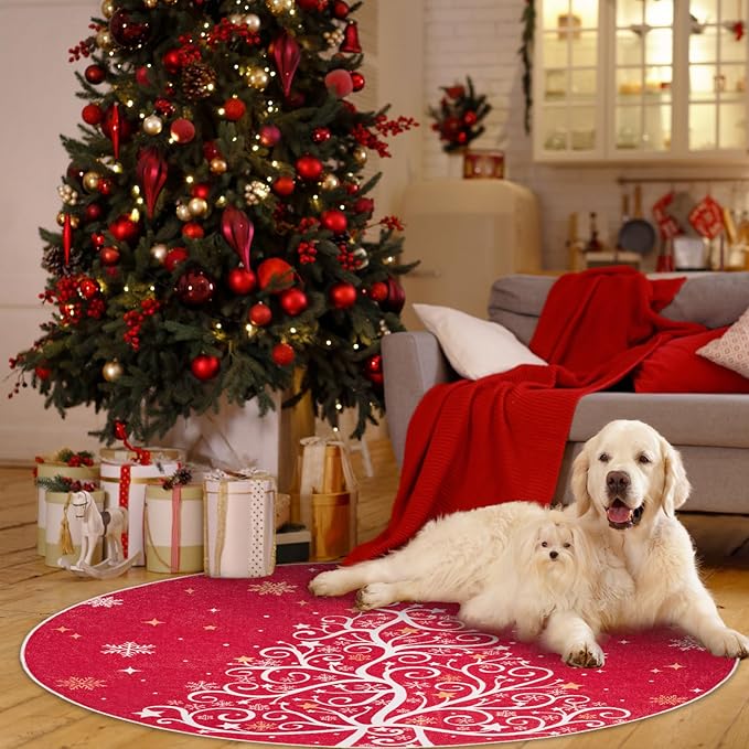 4' Machine Washable Christmas Round Area Rug, Non-Slip Vintage Floral Circle Floor Rugs for Kids, Low Pile Room Carpet for Living Room, Bedroom, Dining Room & Nursery(4' Christmas Tree)