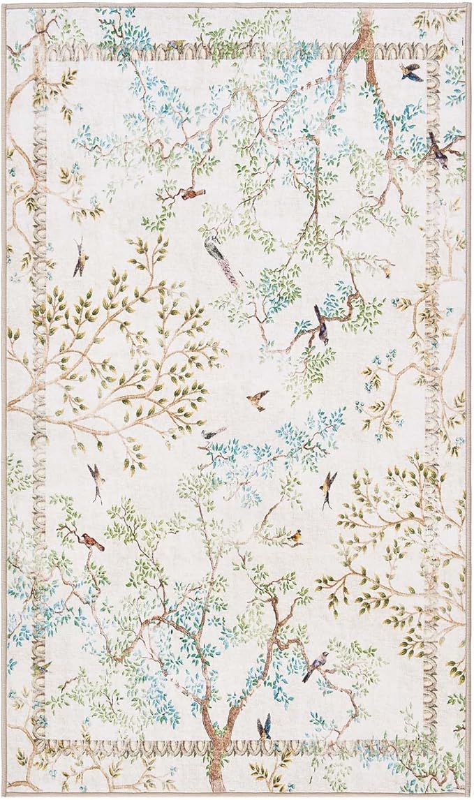 jinchan Yarden Botanical Birds 3x5 Ivory Area Rugs for Entryway Washable Non Slip Soft Nature Plants Modern Kids Room Carpet Vintage Ultra Thin Low Pile Rug for Living Room Kitchen Bathroom Front Door