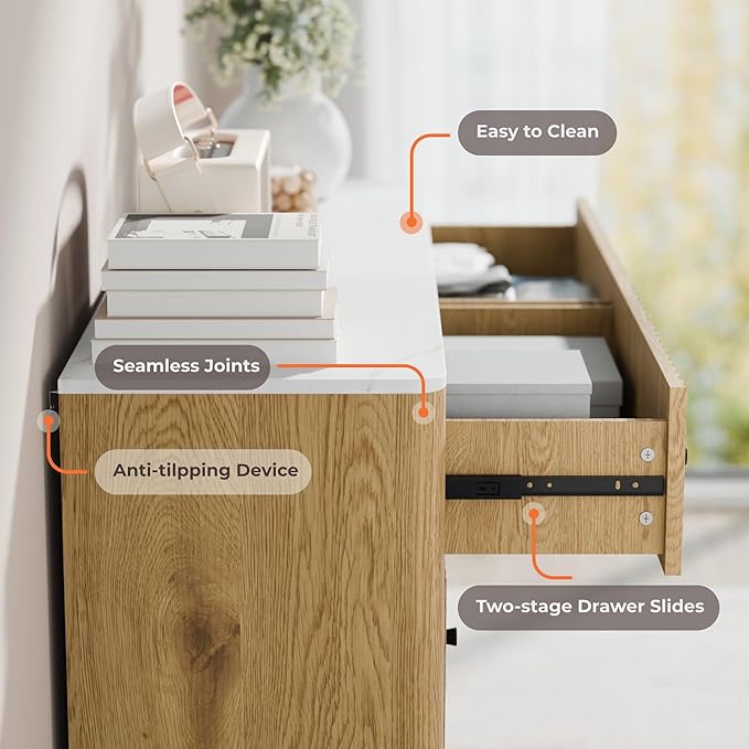 RECCI Fluted 6 Drawers Dresser for Bedroom, 54" Wide Chest of Drawers with 3D Fluted Panel, Faux Marble Top, Solid Wood Legs, Storage Drawers, TV Stand, Closet Chests for Bedroom, Natural Oak