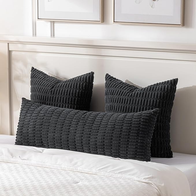 Fancy Homi 2 Packs Black Long Body Lumbar Decorative Throw Pillow Covers 14x36 Inch for Bed Couch Bedroom Bench, Soft Corduroy Rectangle Solid Pillow Case, Rustic Farmhouse Boho Room Decor