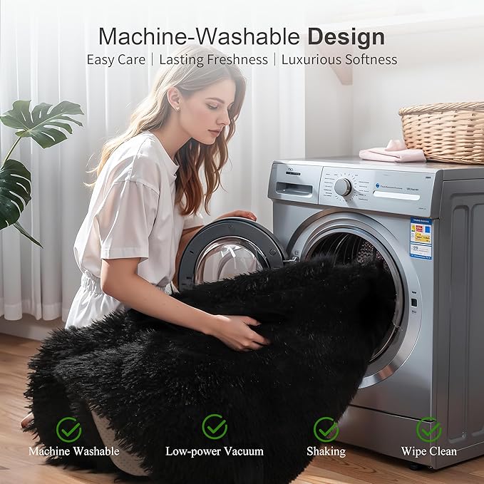 Thick Area Rug Black Fluffy Shag 3x5 for Bedroom, Ultra Soft Thickened Plush Washable Carpet, Non-Slip Cozy Shaggy Fuzzy Rug for Living Room Nursery Dorm Playroom Kids Baby Room