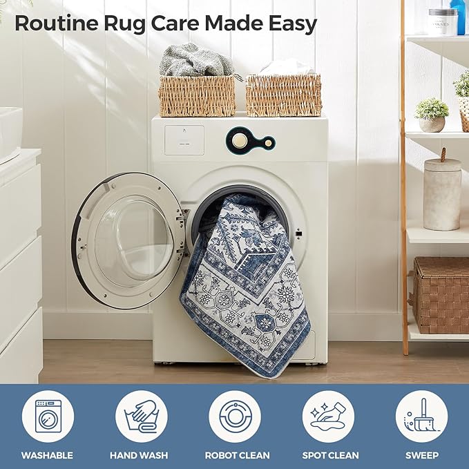 WITSHOCK Living Room Area Rugs 10x14: Washable Rug Boho Soft Non-Slip Low Pile Stain Resistant Foldable Carpet for Bedroom Playroom Dining Room Office Kitchen Farmhouse Home Decor Rug-Blue