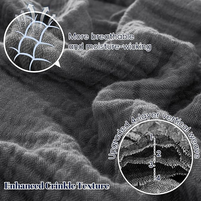 PHF 100% Cotton Muslin Blanket King Size 108"x90", 4-Layer Lightweight Gauze Throw, Breathable Cloud-Soft Minimalist Blanket for Bed, Couch, Camping & Baby, Greyish Black, Ideal Gift