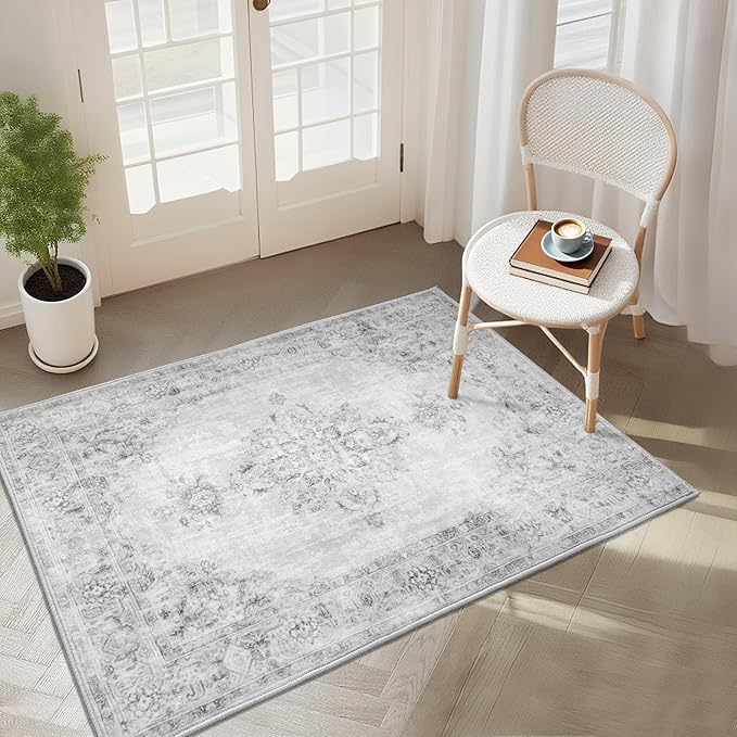 Area Rug 2x3, Washable Rug for Entryway Indoor, Small Area Rug for Living Room Entrance, Vintage Rug for Bedroom Doormat, Non Slip Soft Low Pile Carpet for Kitchen, Hallway, Office, Light Grey
