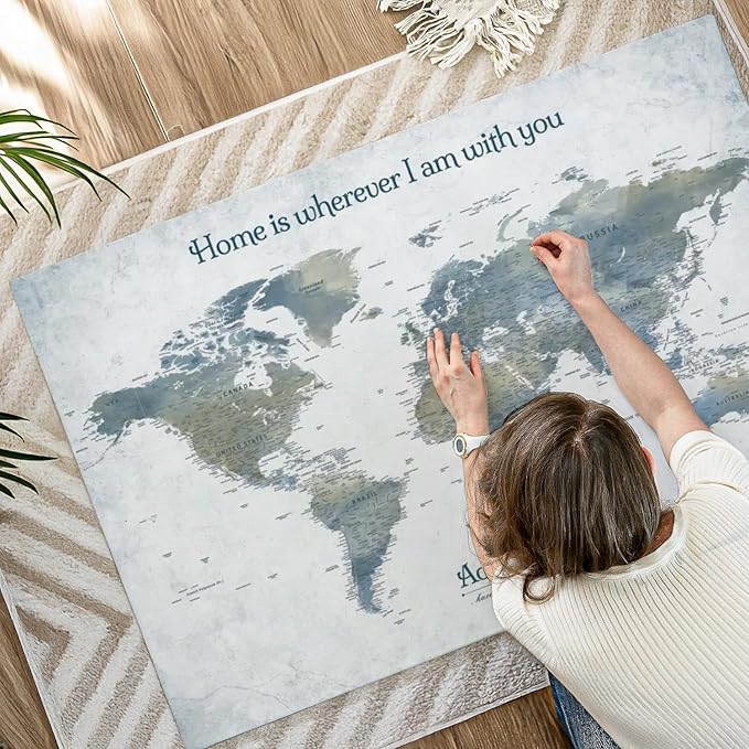 ElephantStock - Home With You II Push Pin World Map Wall Art - Horizontal Canvas Wall Art - Living Room Wall Decor - Digital Art Map Canvas Art - Blue And Gray Decor - 51" x 34"