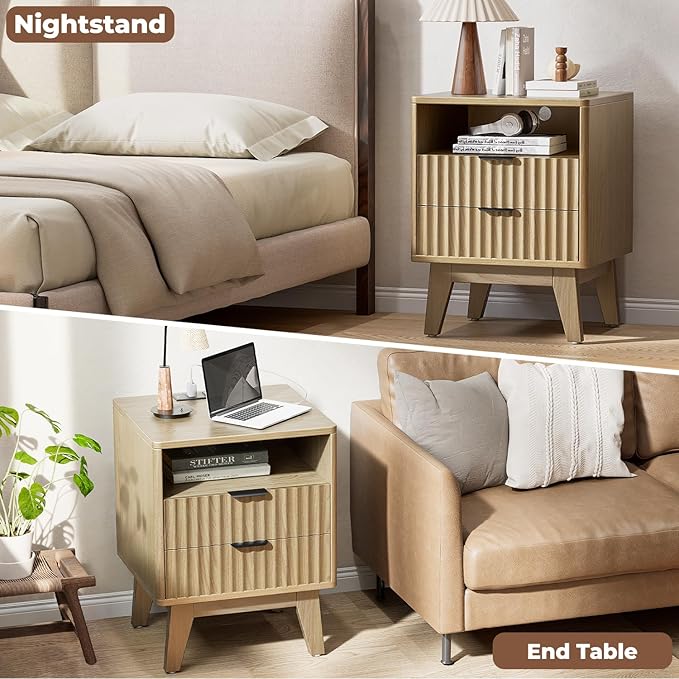 Nightstand Set of 2 with Charging Station, Modern Fluted 2 Drawers End Tables, Side Tables with Storage Shelf for Bedroom, Office, Natural Oak