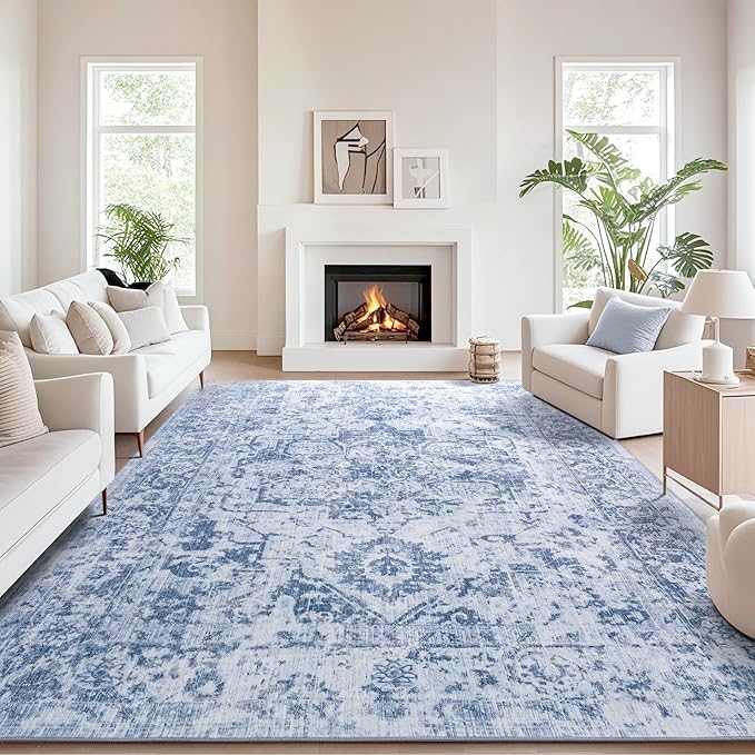 Area Rug 8x10, Washable Rug for Living Room, Large Area Rugs for Bedroom, Vintage Rug 8x10 for Dining Room, Non Slip Soft Low Pile Indoor Carpet for Kitchen, Nursery, Office, Farmhouse, Blue