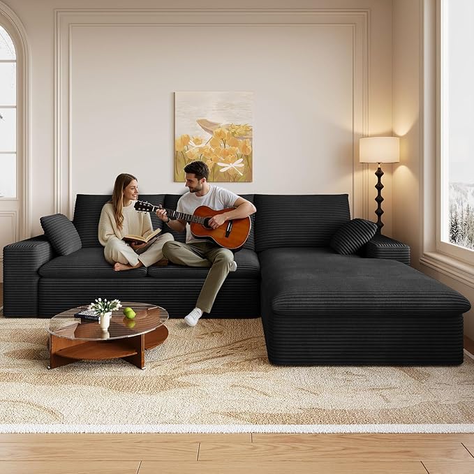 Cloud Sectional Couch,107 Inch Modular Sectional Sofa with Deep Seat, Modern Corduroy Boneless Couches with L-Shape Chaise for Living Room Bedroom, No Assembly Required (Black, Right Facing Chaise)