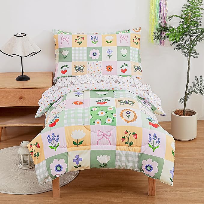 Mooreeke 4 Pieces Toddler Bedding Set - Green Floral Butterfly Toddler Comforter Sets for Girls, Includes Comforter, Flat Sheet, Fitted Sheet and Pillowcase, Bed in A Bag for Baby Bedroom