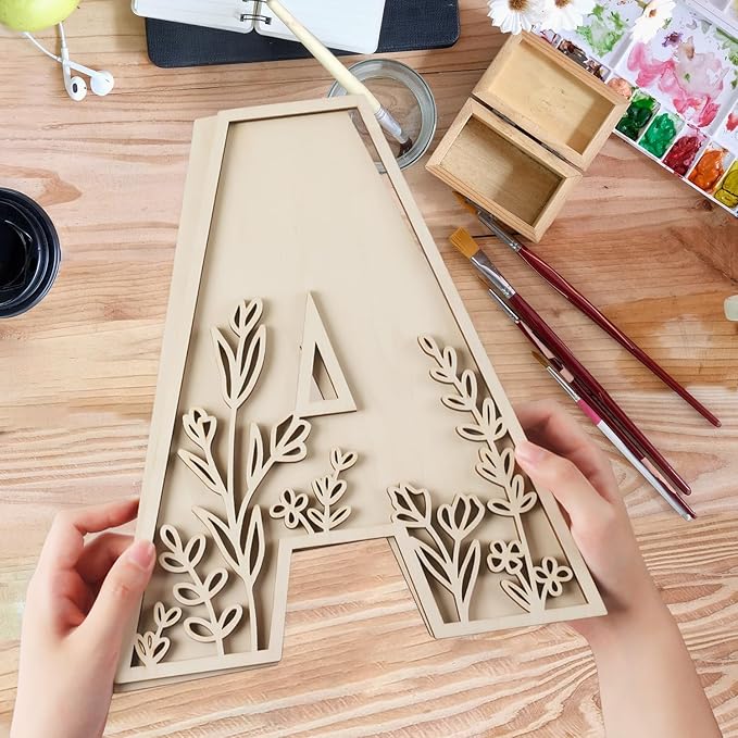 Layered 12 Inch Large Wooden Letters for Wall Decor, Flowered Paintable Wooden Nursery Letters for Crafts Wood Alphabet Letter N for Birthday Boho Nursery Name Sign Wedding Home Decoration