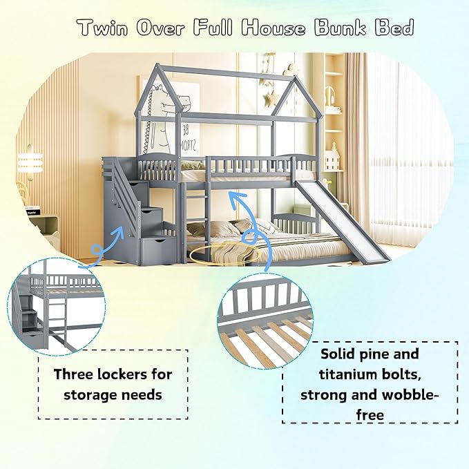 MERITLINE Twin Over Full L Shaped Bunk Bed for 2,Solid Wood House Floor Bunk Bed with Slide and Storage Stairs,No Box Spring Needed (Grey)