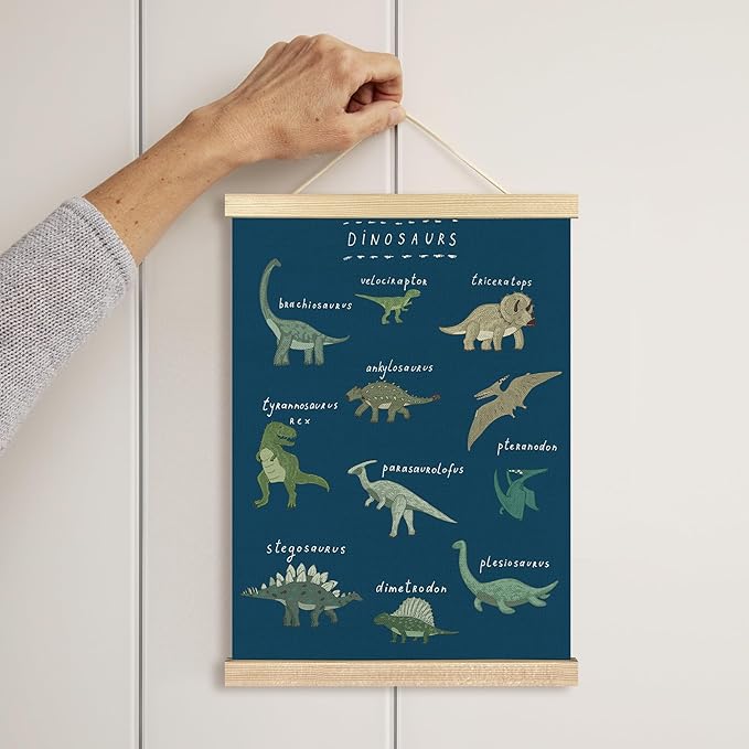 BCUANGD Dinosaur Dino Wall Decor - Dark Blue Baby Toddler Boys Room Wall Art Poster Hanger with Wood Frames, Inspirational Wall Hanging Canvas Decor for Kids Room Nursery Bedroom, 12x16 Inches