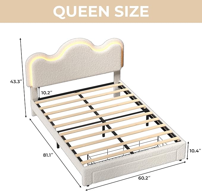 Queen Upholstered LED Bed Frame with Storage Drawers Girls Bed with Flower Headboard Boucle Princess Platform Bed Frame for Kids/Girls Strong Wood Slat Support,No Box Spring Needed,Easy Assembly