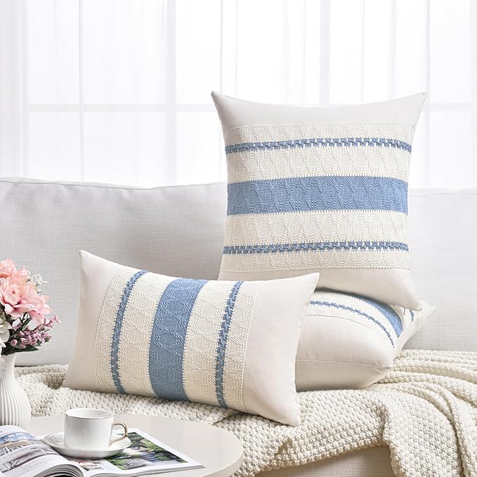 Fancy Homi Set of 2 Boho Light Blue Lumbar Decorative Throw Pillow Cover 12x20 Inch for Couch Bed Sofa Chair, Modern Organic Farmhouse Home Decor, Soft Cotton Cute Accent Rectangle Cushion Case