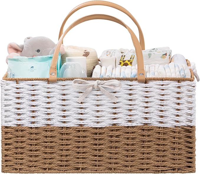 HBlife Large Diaper Caddy Organizer, Portable Paper Rope Woven Basket with Divider, Nursery Diaper Station Organizer, Baby Shower Gifts Basket & Car Organizer, Newborn Essentials