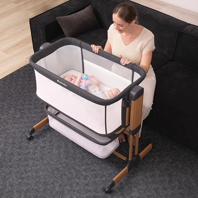 Ezebaby 3-in-1 Baby Bassinet, Rocking Baby Bassinets Bedside Sleeper, Adjustable Portable Crib for Newborn Infant with Wheels Storage Basket and Mesh Sides