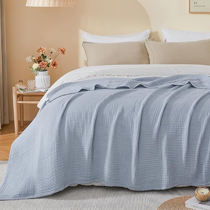 EMME Cotton Muslin Queen Blanket Bed Layering Bedspread Coverlet Breathable Gauze Soft Lightweight Blankets (Heather Dusty Blue, 90"x90")