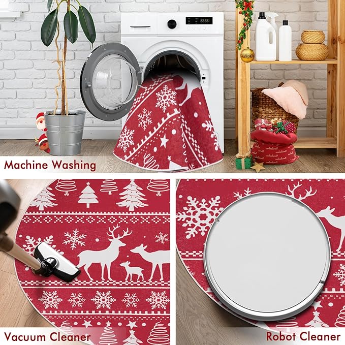 6' Machine Washable Christmas Round Area Rug, Non-Slip Vintage Floral Circle Floor Rugs for Kids, Low Pile Room Carpet for Living Room, Bedroom, Dining Room & Nursery(6' Elk)