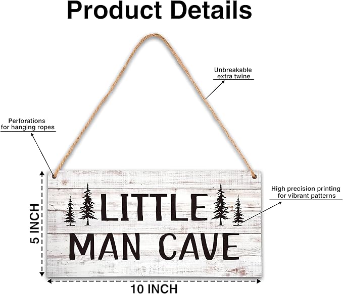 Qinkel 5"x10" Little Man Cave Wood Sign, Nursery Decor For Boys, Natural Baby Room Wall Decor, Woodland Playroom Decor, Gift for Baby Shower, Toddler Kids Bedroom Living Room Hanging Sign -A05