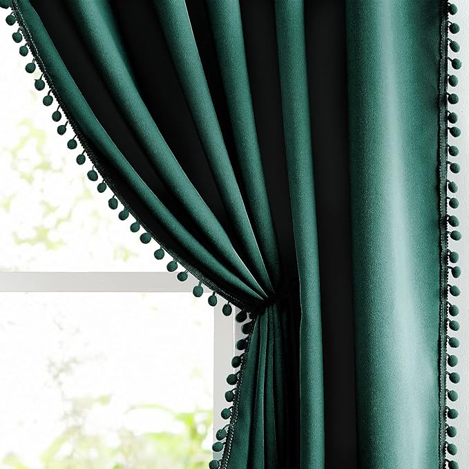 Treatmentex Green Pompom Curtains for Bedroom Living Room 95 inch Triple Weave Full Blackout Window Drapes for Hotel Men's Guest Room 52" w x2 Panels Rod Pocket