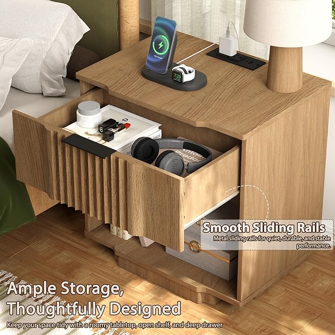 Yechen Fluted Nightstands Set of 2 with 20W Fast Charging Station - Large Wood Night Stands with Drawer & Shelf, Modern Wide Bedside End Tables for Bedroom with Curved Profile Base, Natural Oak
