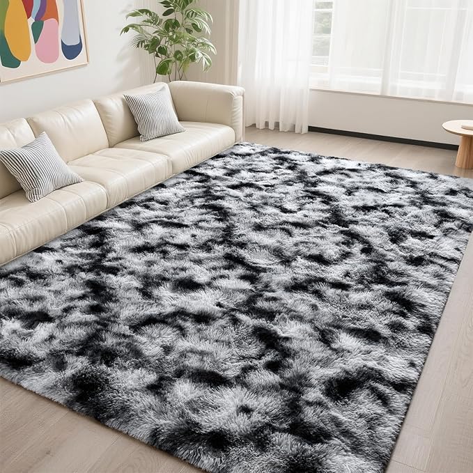 DweIke Fluffy Tie-Dyed Black White Rugs for Bedroom Living Room, 5x8 Large Soft Plush Shaggy Dark Girls Boys Kids Rug, Upgraded Non-Slip and Machine Washable Carpet for Dorm Nursery Classroom Decor