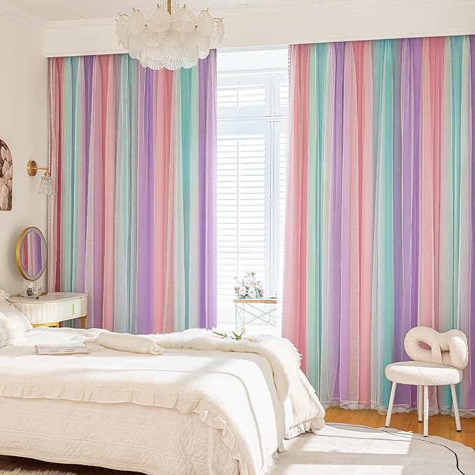 XiDi 100% Blackout Curtains for Girls Bedroom 63 Inches Long 2 Panels Colorful Rainbow Nursery Kids Curtains with Sheer Overlay Unicorn Wall Decor Princess Grommet Drapes Pink Purple Green 52W x 63L