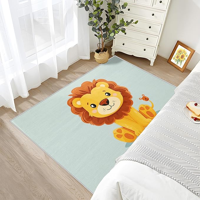 Lion Rug 5x7-2x3 Rug - Lion Rug - Cartoon Cute Zoo Animal Area Rug - Kids Baby Nursery Rugs - Safari Playroom Carpet - Home Decor