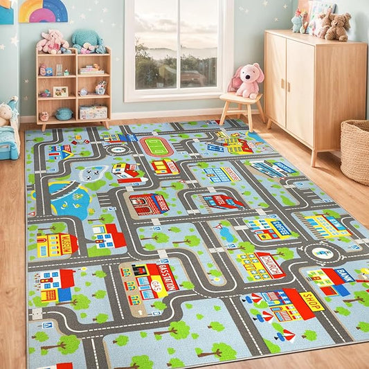 Kids Carpet Playmat Rug 6'6''x9'8'', Kids Rugs for Bedroom, Non-Slip Town City Road Map Car Rugs for Kids Toy Cars, Track Carpet Play Rug for Playroom Classroom Decor (Sky Blue)