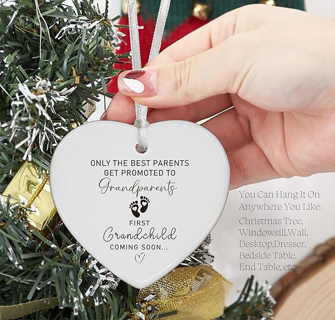 Heart Shaped Christmas Ornament-First Time Grandparents Gift-Pregnancy Announcement Keepsake-New Baby Coming Soon Surprise-Grandma Grandpa Decor