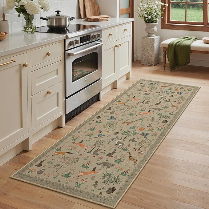Runner Rug Non Slip 2'6''x 6', Floral Animal Print Rug Machine Washable Rug, Non Slip Low Pile Hallway Runner Carpet for Kitchen, Laundry, Bedroom, Bathroom, Light Taupe