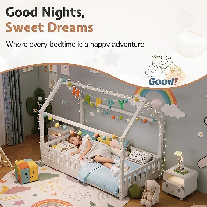 Jocisland Twin Size House Bed for Kids, Montessori Wooden Floor Bed Frame with Guardrails, Removable Rails, Playhouse Roof, Easy Assembly, Toddler Floor Bed for Boys & Girls, White