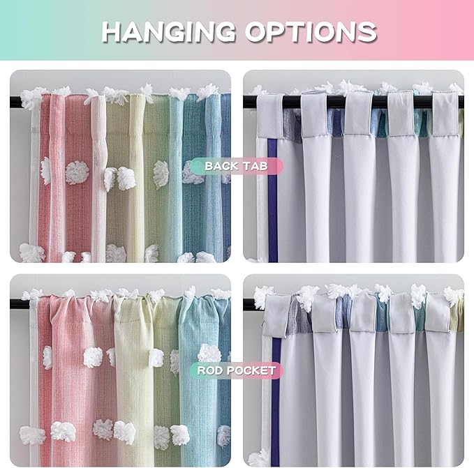 MYSKY HOME Pom Pom Sheer and Blackout Curtains Double Layer 72 Inches Long Kids Curtain for Girls Bedroom Son Room Ombre Room Darkening Window Drapes Back Tab Rainbow 52 x 72 in 2 Panels