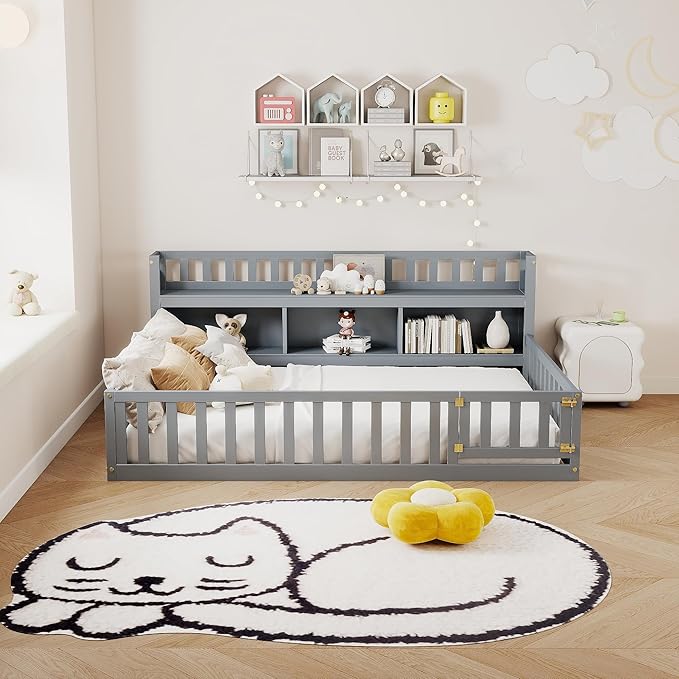 mikibama Twin Size Floor Bed with Side Bookcase and Shelves, Montessori Floor Bed with Guardrails for Bedroom, Wood Full Floor Bed Frame with Storage for Girls, Boys, Grey