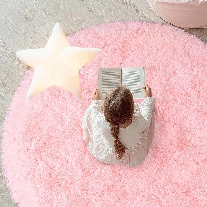 Round Pink Rug for Bedroom, 6 ft Circle Area Rugs for Living Room, Soft Fluffy Shag Carpet for Girls Teen Nursery Room Dorm Home Decor Aesthetic