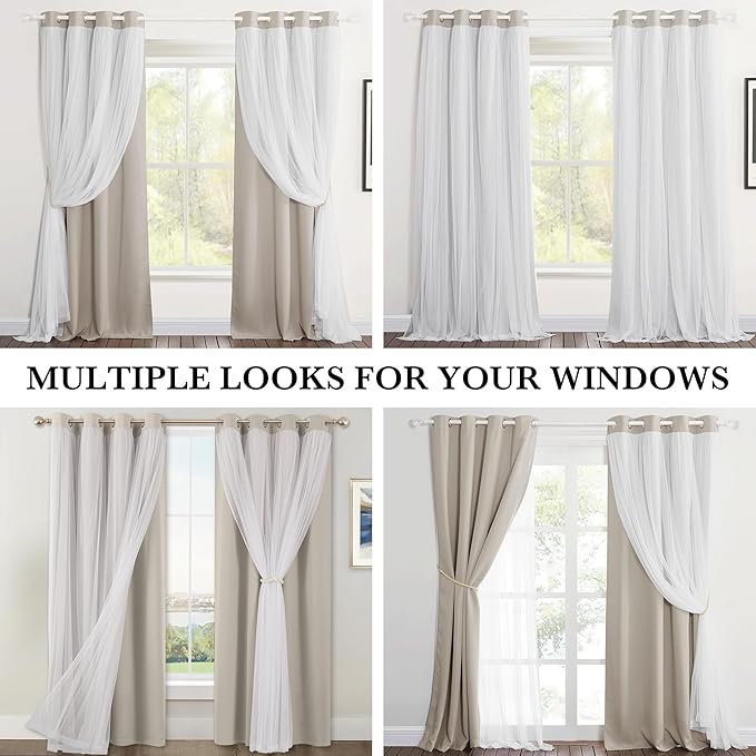 PONY DANCE Double-Layered Curtains - White Sheer Solid Blackout Curtains 72 Inch Length Elegant Grommet Panels for Living Room/Sliding Glass Door (W52xL72, Cream, One Pair)
