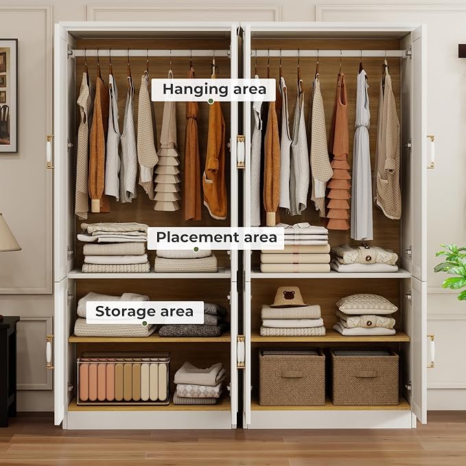 Solid Wood Wardrobe Closet:TemkTuek 70.87" Armoire,Clothing Storage Cabinet with Mirror,Doors,Shelves and Hanging Rails,Vintage Freestanding,Bedroom,White(18-18)
