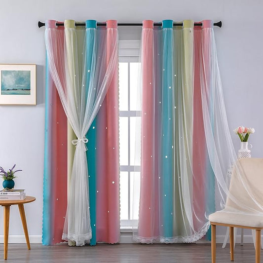 XiDi Curtains for Girls Bedroom, Girls Room Decro Blackout Curtains for Kids Room, Colorful Rainbow Curtains, Unicorn Wall Decor Ombre Curtains, Princess Curtains 72 Inches Long Pink/Blue