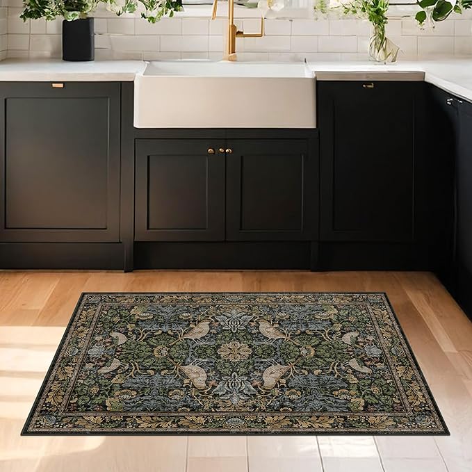 Washable Dark Vintage Floral Rugs for Entryway - Small 2x3 Washable Rug for Kitchen Bathroom Door Mat Indoor Entrance with Bird & Botanical Pattern, Brown Earthy Tones, Non Slip Low Pile